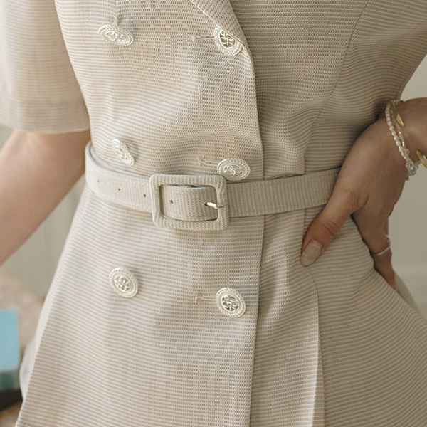 清纯 双 扣子 古典 粗呢 罩衫 夹克 (Summer)_腰带