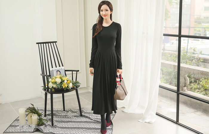 天丝手风琴百褶长款连衣裙