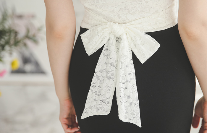 格南褶饰袖蕾丝上衣连衣裙