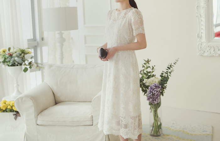 梅琳达透明蕾丝长款连衣裙